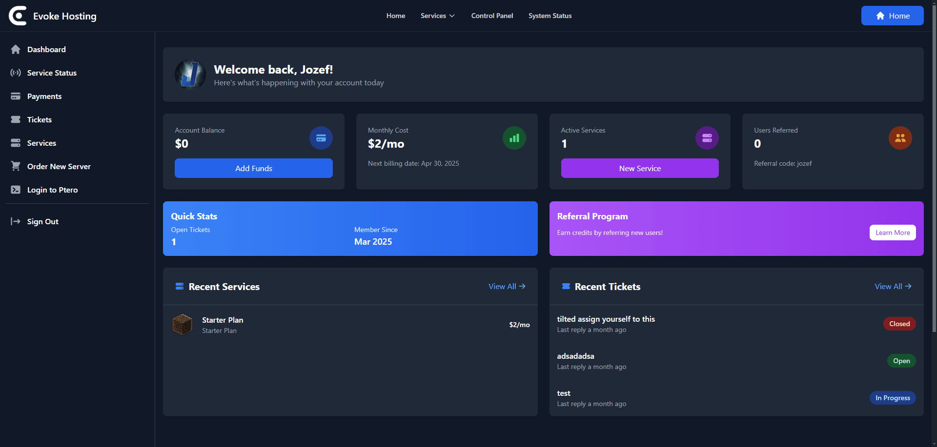 Evoke Hosting Control Panel